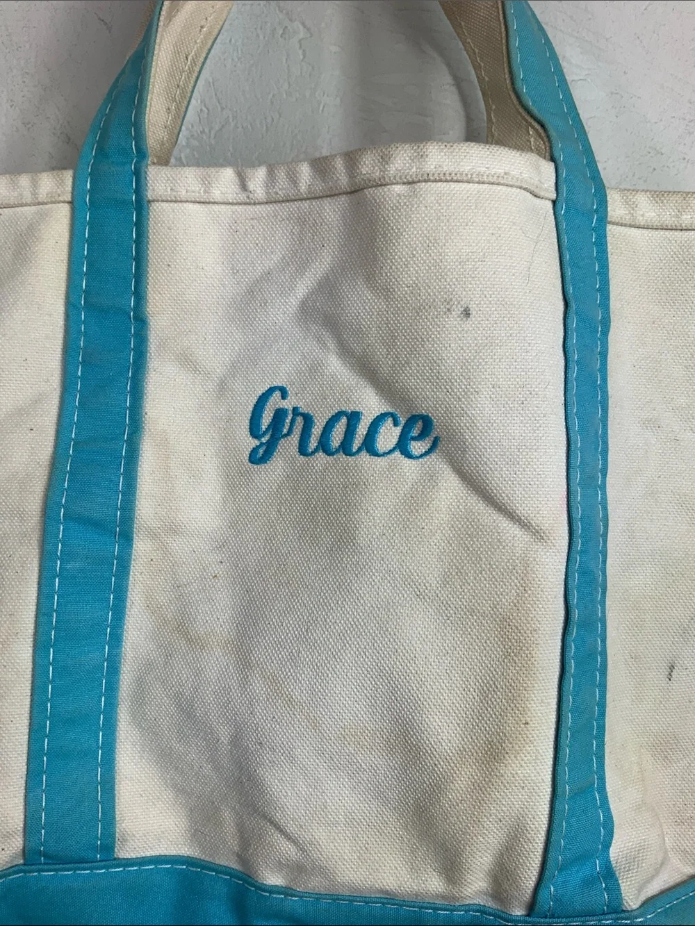 L.L. Bean Boat and Tote Canvas Bag - Teal/White - Embroidered 
